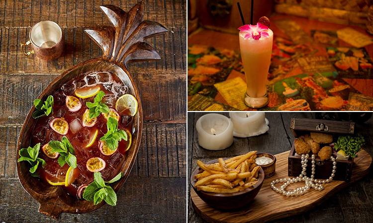 Three tiled images of pirate themed drinks and food in Smuggler's Cove in Albert Docks