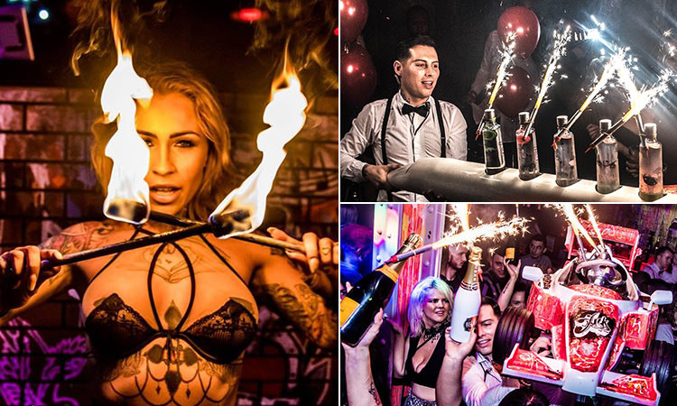 Three tiled images of a woman holding fire sticks, people carrying a car in a bar and people carrying sparklers with bottles of spirits