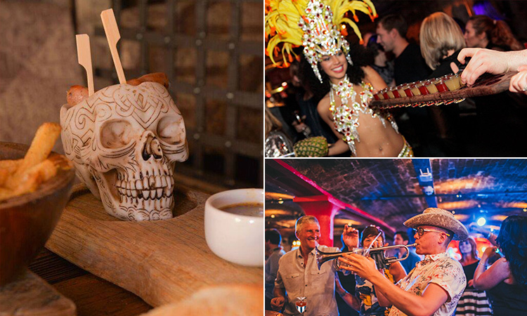Three tiled images a fake skull with chips in it, a girl wearing feathers and carrying a tray of shots and a man playing the trumpet