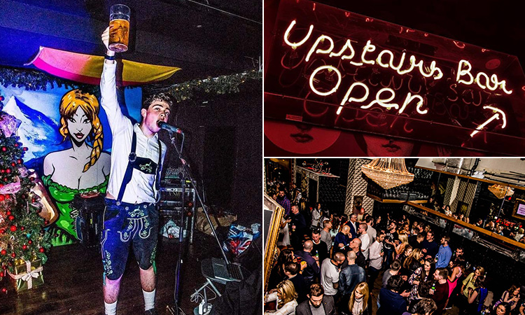 Three tiled images of a man in Bierkeller carrying a stein, a neon sign with 'upstairs bar open' written on and a bird's eye view of lots of people socialising in a bar