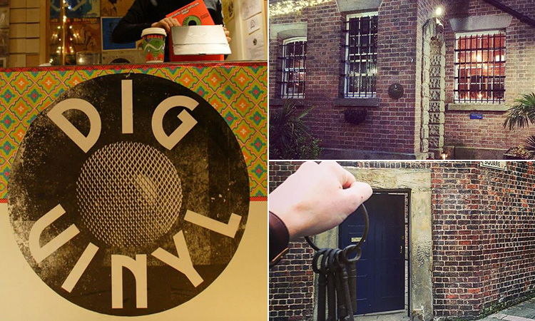 Three tiled images, one of Dig Vinyl's logo mounted on the wall, and two of the exterior of Furnival's Well