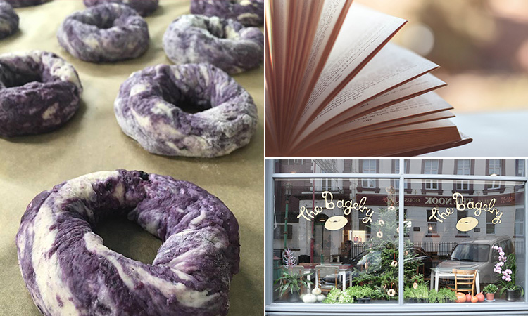 Three tiled images, one of the exterior of The Bagelry, one of a book from a library and one of some marble bagels laid out on some making paper