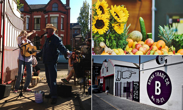 Three tiled images, one of people performing live music, one of some fresh veg at a market stall and one of the exterior of The Brink