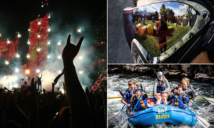 Three tiled images of people white water rafting, the reflection in a man's paintball visor and a festival at night