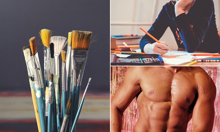Three tiled images of some paintbrushes, a male torso and a woman drawing