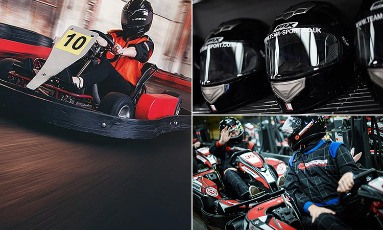 Three tiled images of people in go karts and go kart helmets on a shelf