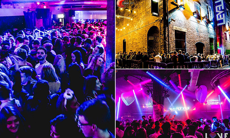 Three tiled images - two of the interiors of Level nightclub in Liverpool, and one of the exterior