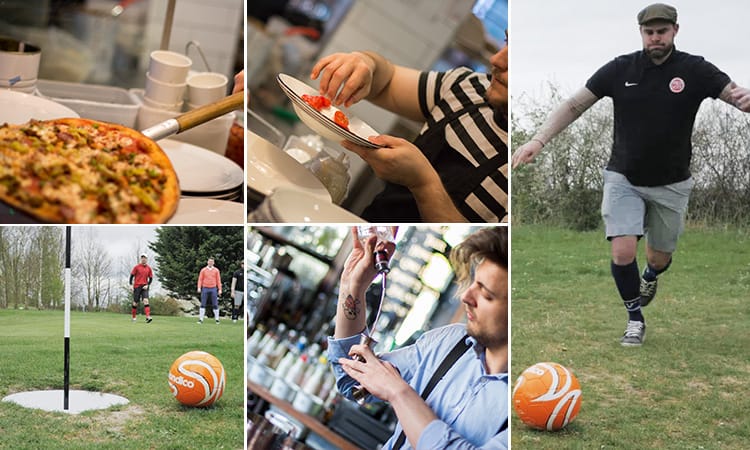 Five tiled images men playing footgolf, pizzas being served in Milano and a bartender pouring a drink