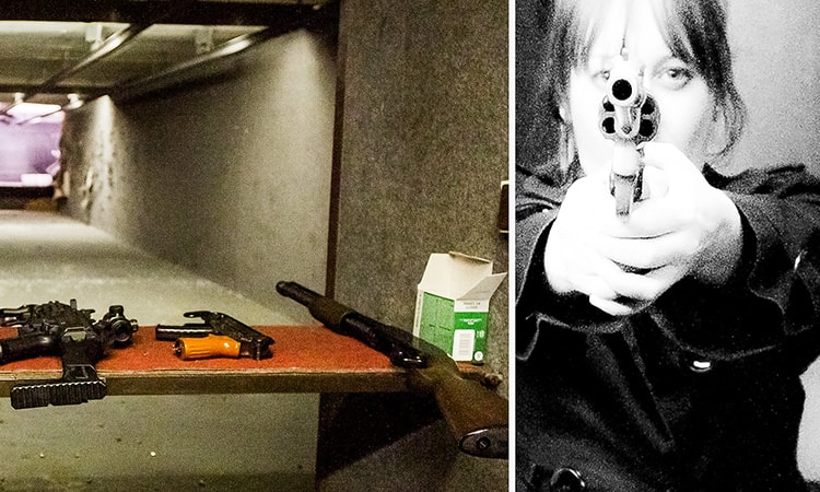 Two tiled images, one of guns on a table in an indoor shooting range and a black and white image of a women pointing a gun at the camera