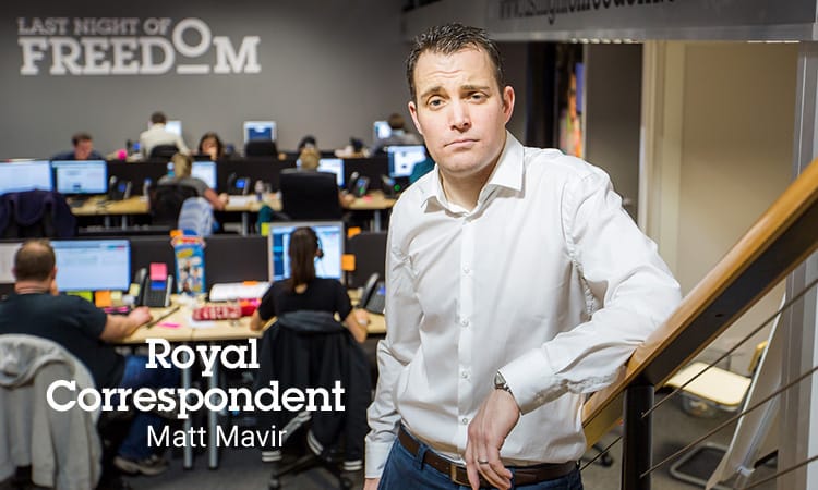 Matt Mavir in an office with Royal Correspondant written over the top