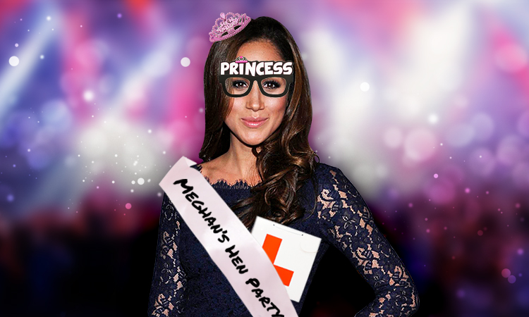 Meghan Markle wearing hen party paraphernalia including a hen party sash, princess glasses and a tiara