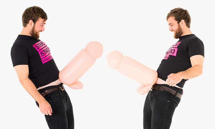 Two men wearing big inflatable willies