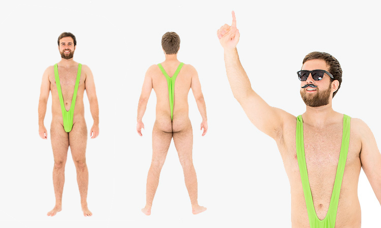 Three images of a man wearing a bright green mankini or an asymmetrical thong