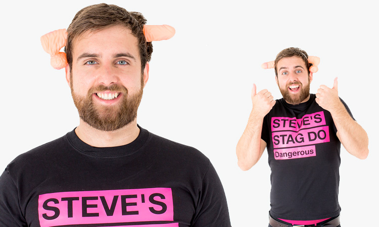 Two men wearing willy through the head products