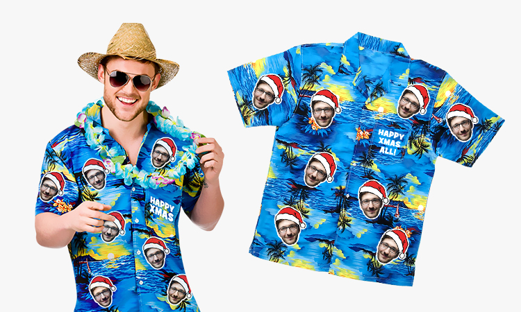 A Hawaiian shirt that can be personalised with photos of your pals face wearing a Santa hat