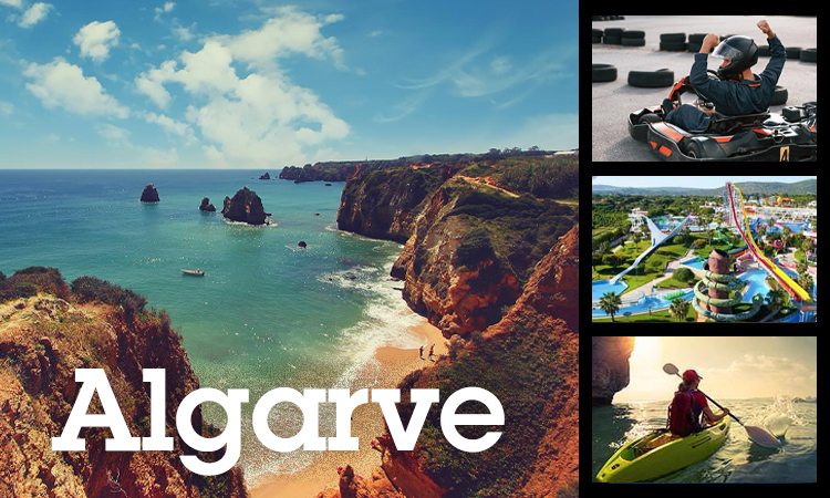 Collage of the coastline, a man go karting, a waterpark and a woman kayaking