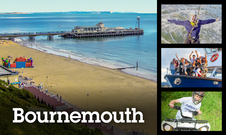 Collage of the city of Bournemouth overlooking the sea, a man ziplining over water, a group of people on a boat and a man quad biking 