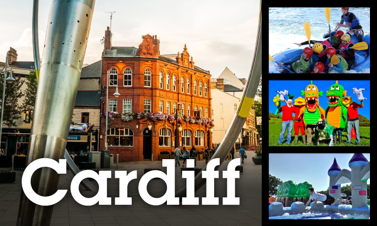 Collage of a street view of Cardiff, white water rafting, welsh games and its a knockout