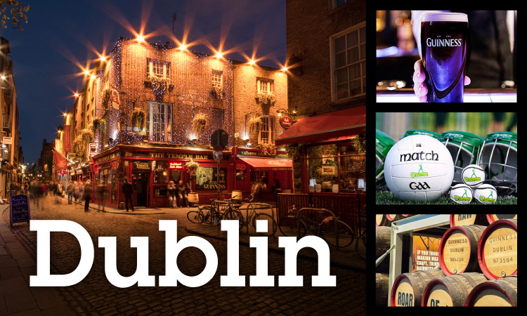 Collage of the the Temple Bar in Dublin, a pint of Guinness, footballs and barrels of Guinness 