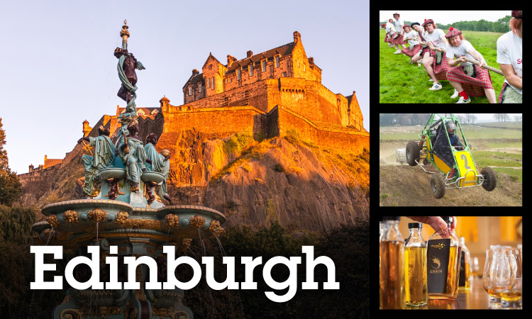 Collage of a view of Edinburgh from Colton Hill, mini highland games, dirt buggies and whisky tasing