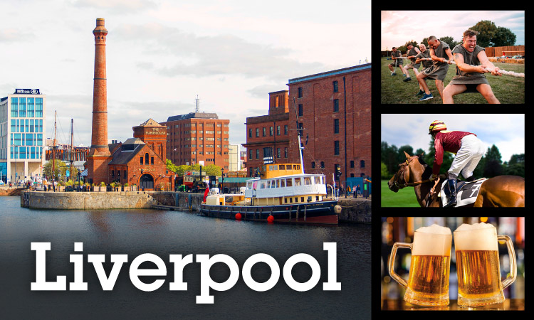 Collage of The liverpool skyline with the river Mersey in the background, five men doing tug of war, a jockey and horse at aintree horse racing and two pints of beer