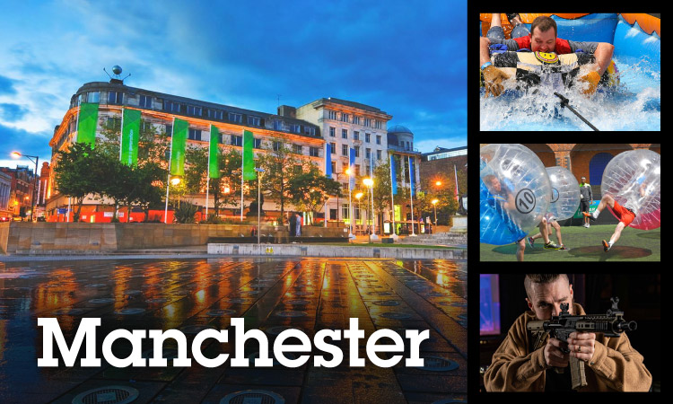 Collage of Manchester, it's a knockout, bubble football and point blank