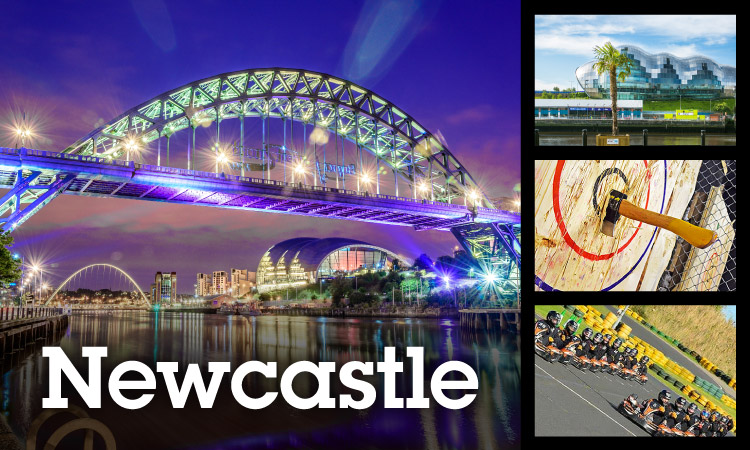 Collage of the Tyne bridge lit up at night with lights from the Sage and Millennium Bridge reflecting on the River Tyne, the sage, axe throwing and go karting