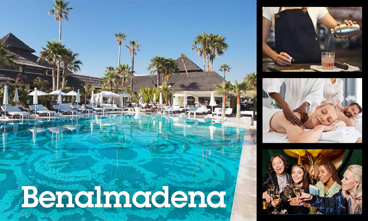 Collage of Benalmadena with a hotel pool, a cocktail making class, someone getting a massage and a hen do drinking together