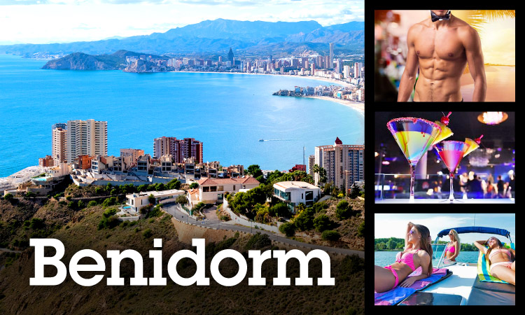 Collage of Benidorm with the sea, a male stripper, cocktails and a cruise.