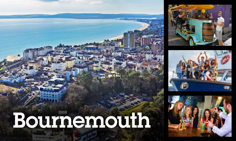 Collage of Bournemouth overlooking the beach, Pedi-bus, boat cruise and cocktail class.