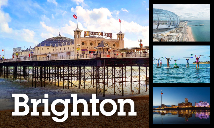Collage of the Brighton Pier, British airways i360 flight, paddle boarding and the Mercure Brighton Seafront Hotel.