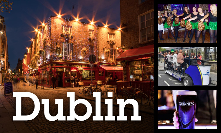 Collage of Dublin's famous Temple Bar, Irish dancing, Pedi bus and a pint of Guinness.