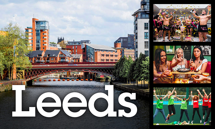 Collage of Leeds with the river, cheeky butlers, women eating a buffet and women playing games.