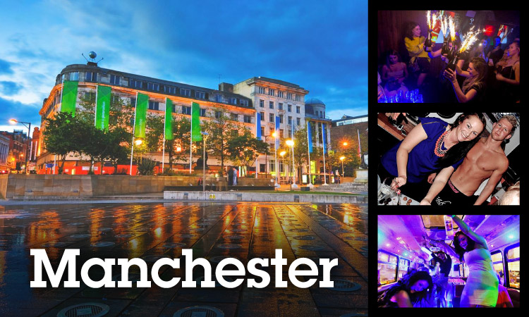 Collage of Manchester, people partying, cheeky butlers and a party bus.
