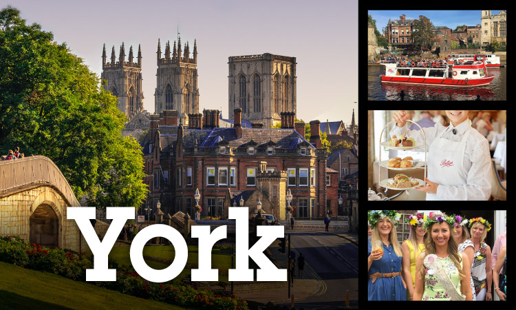 Collage of the city of York, boat cruise, afternoon tea and flower crown making.