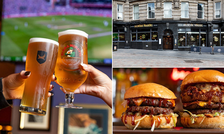 Three tiled images of Akenside - including pints of beer, burgers, and the exterior