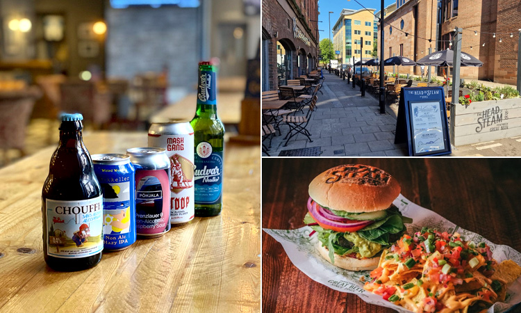 Three tiled images of Head of Steam Quayside - including a range of beers, the outdoor seating area, and a burger