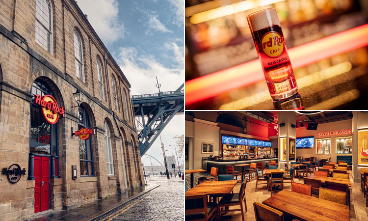 Three tiled images of Hardrock Cafe, Newcastle - including one of the outside with the iconic Hard Rock sign, one of a drink with a Hard Rock logo on it and one of the seating inside