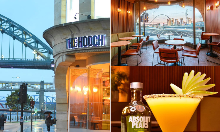 Three tiled images of The Hooch, Newcastle - including one of the outside with the Tyne Bridge in the background, one of the inside with a stunning view of the quayside and one of a pear cocktail