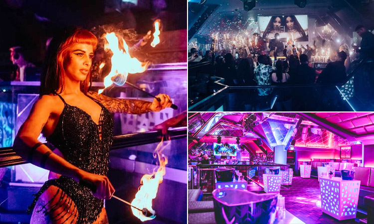 Three tiled images of Livello, Newcastle - including one of a performer with fire, one of a crowd of partygoers inside and one of their stunning pink bar
