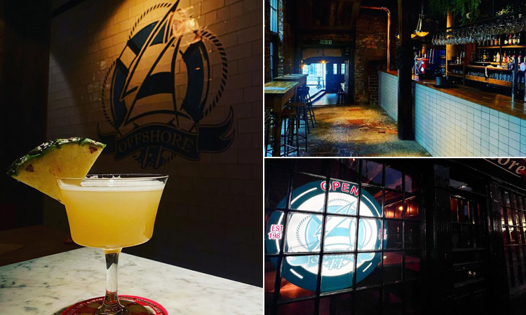 Three tiled images of Offshore 44, Newcastle - including one of a pineapple cocktail, one of the bar inside and one of the outside