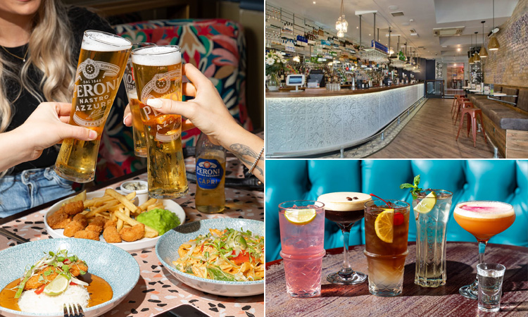 Three tiled images of Slug and Lettuce Quayside - including pints and food, the interior, and a line up of cocktails