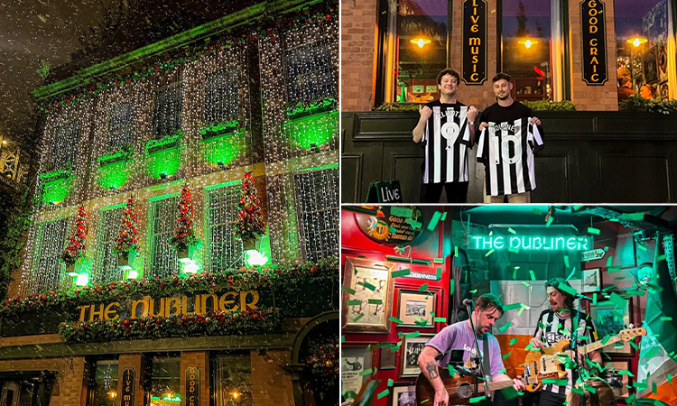 Three tiled images of The Dubliner, Newcastle - including one of the exterior which is covered in fairy lights, one of two men with Newcastle United footie tops and one of two men performing on guitar