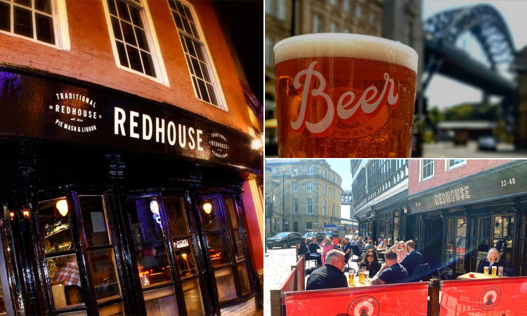 Three tiled images of Redhouse, Newcastle - including a the exterior, a pint in front of the Tyne Bridge, and the outdoor seating area
