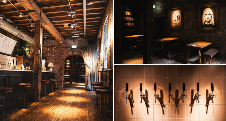 Three tiled images of the Sandhill Arms including the bar area, a seating area with wall art and a row of beer taps