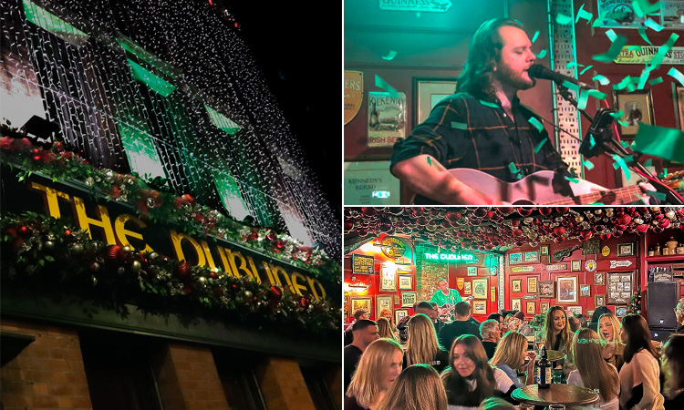 Three tiled images of The Dubliner, Newcastle including the outside of the building, a man playing guitar and a group of people sat inside