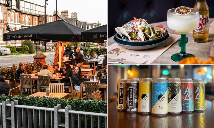 Three tiled images of The Bluebell Jesmond - including one of the beer garden, tacos, and a range of beers