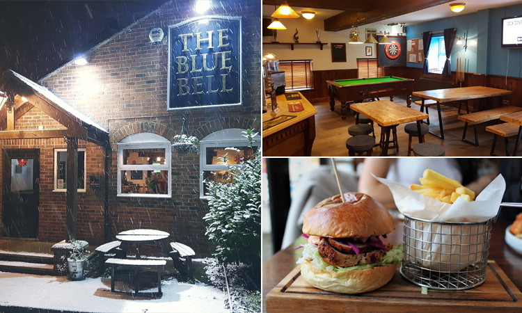 Three tiled images of The Blue Bell in jesmond - including the exterior, the bar area, and a burger and fries