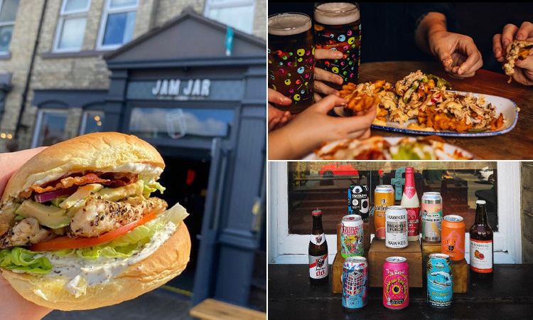 Three tiled images of Jam Jar in Jesmond, including a burger, people enjoying food, and a range of alcoholic beverages