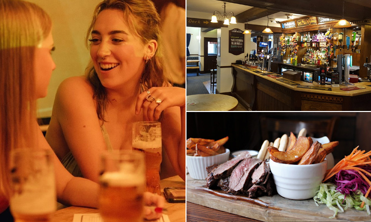 Three tiled images of The Bluebell, including two girls enojying a pint, the bar area, and a meal